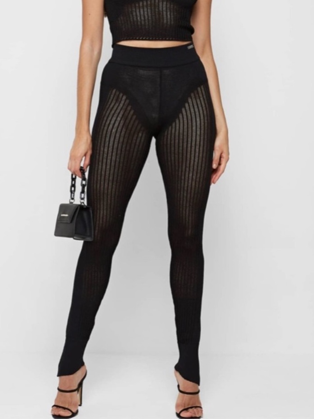 Maniere De Voir Black Ribbed Sheer High-Waist Leggings